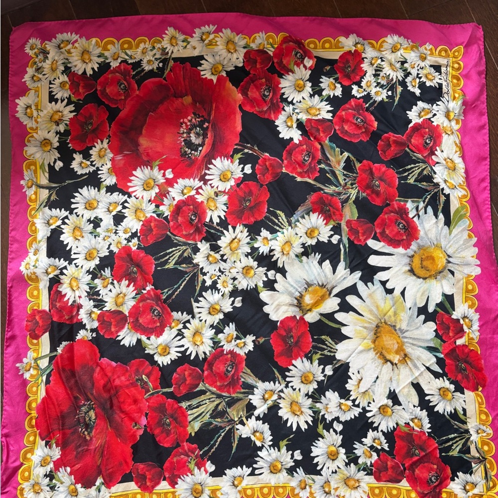 Floral Silk Scarf - Red, White, Black